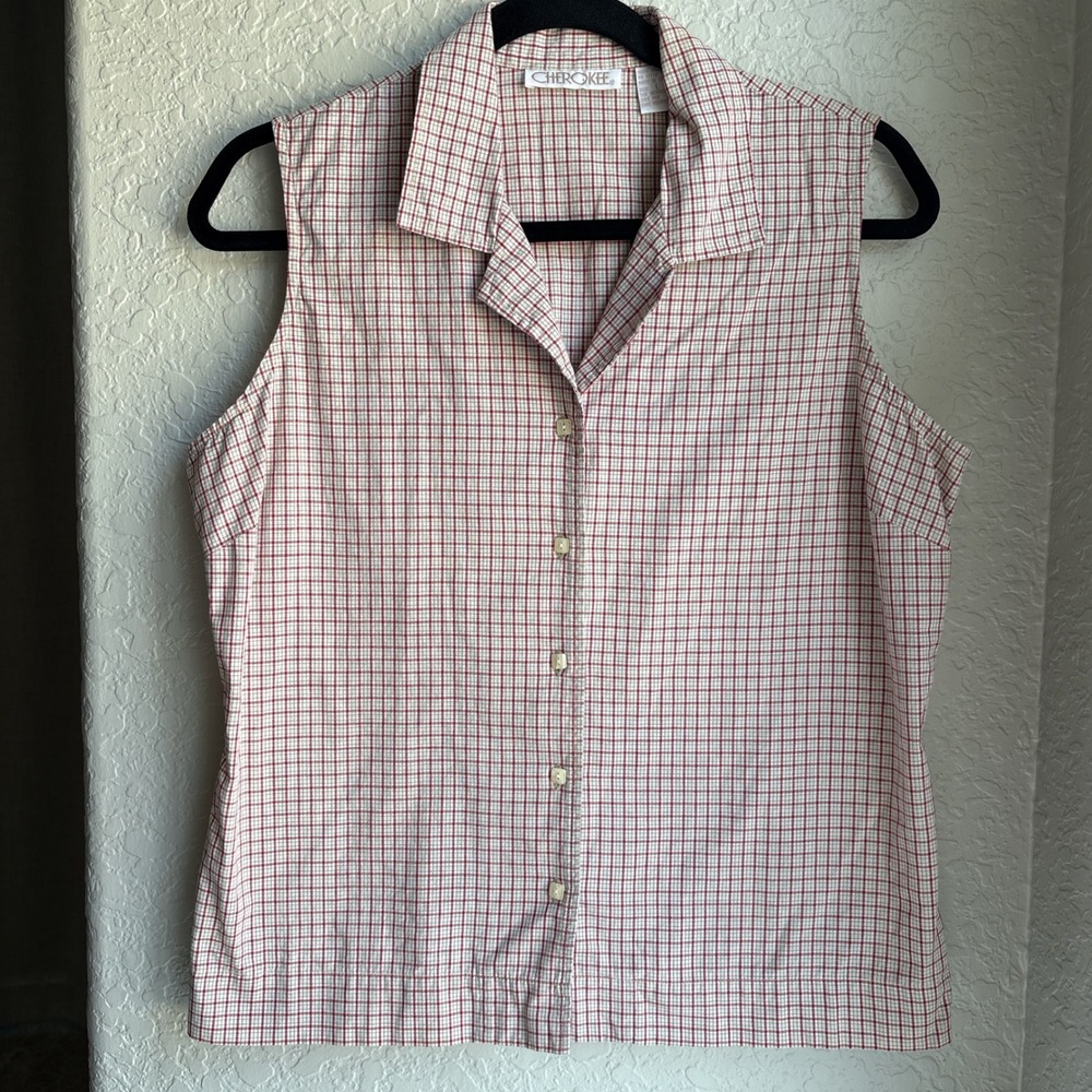 Womens L Plaid 90s Sleeveless Button Up Shirt Red Cotton Top Y2K USA